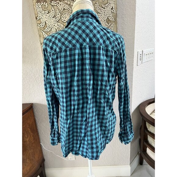 Blue & Black Plaid Button-Up Shirt For Women Long Sleeve Cotton Blend Casual Fit - Picture 4 of 4